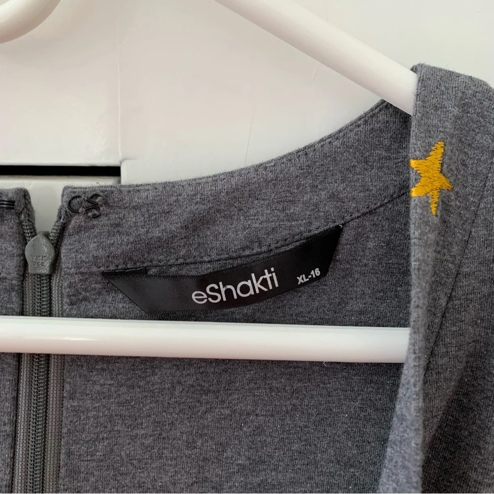 eShakti Gray Yellow Embroidered Stars V Neck Long Sleeve Midi Dress Size XL-16